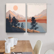 Riverscape Abstract Landscape Nature Scandinavian Stretched Framed Painting Photo 2 Piece Canvas Wall Art Prints For Room Decor