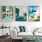 Swimming Pool Architecture Illustration Modern Stretched Framed Artwork 3 Panel Canvas Prints for Room Wall Garniture