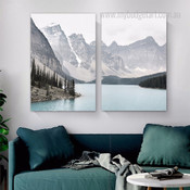 Lake Scenery Nature Mountain Landscape Modern Stretched Framed Artwork 2 Panel Canvas Prints for Room Wall Spruce