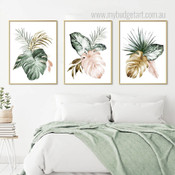 Monstera Leaflets Botanical Abstract Watercolor Stretched Framed Artwork 3 Panel Canvas Art for Room Wall Decor