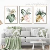 Monstera Leaflets Botanical Abstract Watercolor Stretched Framed Artwork 3 Piece Wall Art for Room Wall Finery