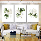 Monstera Deliciosa Botanical Abstract Watercolor Stretched Framed Artwork 3 Panel Canvas Art for Room Wall Decor
