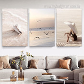 Beach Brine Waves Naturescape Bird 3 Piece Scandinavian Sets Painting Pic Canvas Print for Room Wall Flourish
