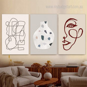 Geometric Abstract Line Minimalist Stretched Framed Artwork 3 Panel Wall Art for Room Wall Decor