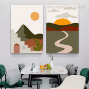 Mountain Track Sun Scandinavian 2 Multi Panel Abstract Painting Set Photograph Landscape Canvas Print for Room Wall Garnish