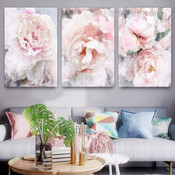 Pink Peonies Daffodils Watercolor Photograph Modern Floral 3 Piece Canvas Print Artwork Set for Room Wall Illumination