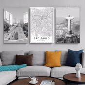 Sao Paulo Map Modern Abstract 3 Multi Panel Landscape Painting Set Photograph Canvas Print for Room Wall Flourish