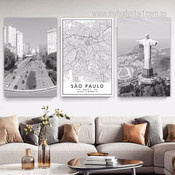 Sao Paulo Map Landscape Modern Photograph Abstract 3 Piece Set Canvas Print for Room Wall Art Finery