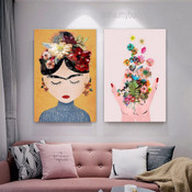 Frida Floral Figure Feminist Art Minimalist Print Stretched Framed Artwork 2 Piece Canvas for Room Wall Garniture