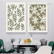 Green Leaves Botanical Flowers Vintage Retro Stretched Framed Artwork 2 Piece Canvas Prints or Room Wall Onlay