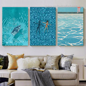 Swimming Dona Female Nordic Landscape 3 Multi Panel Abstract Painting Set Photograph Canvas Print for Room Adornment