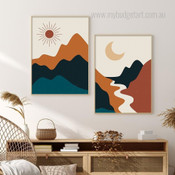 Calico Hills Moon Scandinavian 2 Multi Panel Landscape Painting Set Photograph Abstract Canvas Print for Room Wall Garnish