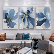 Blue Flowers Floral Abstract Modern Stretched Framed Artwork 3 Piece Wall Art for Room Wall Garnish