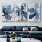 Blue Flowers Floral Abstract Modern Stretched Framed Artwork 3 Panel Canvas Art for Room Wall Decor