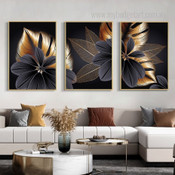 Black Gold Leaves Abstract Nordic Stretched Framed Artwork 3 Piece Canvas Prints for Room Wall Adornment
