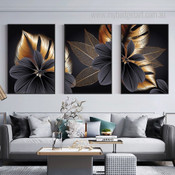 Black Gold Leaves Abstract Nordic Stretched Framed Artwork 3 Piece Wall Art for Room Wall Garniture