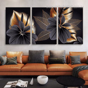Black Gold Leaves Abstract Nordic Stretched Framed Artwork 3 Panel Canvas Art for Room Wall Decoration