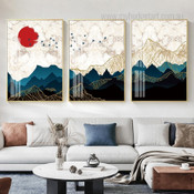 Japanese Mountain Sunrise Abstract Landscape Modern Stretched Framed Artwork 3 Piece Wall Art for Room Wall Garniture