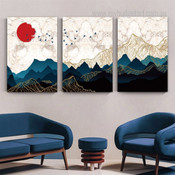 Japanese Mountain Sunrise Abstract Landscape Modern Stretched Framed Artwork 3 Piece Canvas Prints for Room Wall Décor