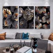 Flowers with Leaves Nordic Floral Abstract Stretched Framed Artwork 3 Panel Wall Art for Room Wall Spruce