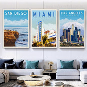 Miami Retro Travel Poster Prints Stretched Framed Artwork 3 Panel Wall Art for Room Wall Decor