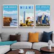 Miami Retro Travel Poster Prints Stretched Framed Artwork 3 Piece Wall Art for Room Wall Adorn