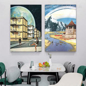 Gravity Complex Vintage Retro Poster Landscape Stretched Framed Artwork 2 Panel Wall Art for Room Wall Adornment