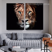 Lion Visage Animal Abstract 2 Multi Panel Modern Artwork Set Picture Canvas Print for Wall Hanging Drape