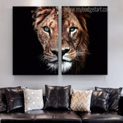Lion Visage Face Modern Pattern Set Painting Picture Animal Abstract 2 Piece Canvas Print for Room Wall Decor