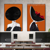 Feme Black Hat Figure Fashion Photograph Modern 2 Panel Set Canvas Print for Room Wall Artwork Trimming