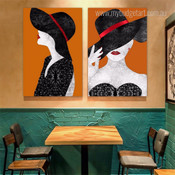 Stylish Dame Hat Figure Fashion Photograph Modern 2 Piece Set Canvas Print for Room Wall Art Assortment
