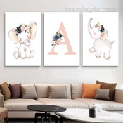 Cute Smiley Elephant Leaves Animal Minimalist 3 Piece Set Painting Picture Kids Nursery Custom Canvas Print for Room Wall Arrangement