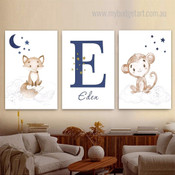 Cute Cloudy Monkey Minimalist Naturescape 3 Multi Panel Wall Hanging Set Artwork Image Animal Nursery Canvas Print Sets for Room Outfit