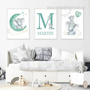 Cute Elephant Heart Moon Naturescape Nursery Pattern Set Painting Picture Animal 3 Piece Custom Canvas Print for Room Wall Decor