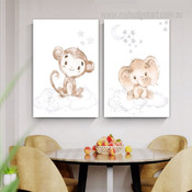 Animated Monkey Shiner Nursery Animal 2 Multi Panel Modern Minimalist Painting Set Photograph Canvas Print for Room Wall Drape