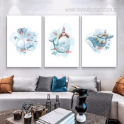 Whale Heart Balloons Fishes Watercolor Animal Set Picture 3 Multi Panel Nursery Canvas Print Artwork Set for Wall Hanging Trimming