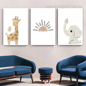 Giraffe Elephant Leafage Animal Nordic Photograph 3 Panel Sets Nursery Minimalist Canvas Print Art for Room Getup