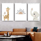 Giraffe Elephant Leafage Nordic Animal Photograph Minimalist Kids Nursery Canvas Print 3 Piece Set Painting for Room Flourish