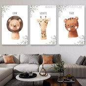 Animated Lion Giraffe Tiger Minimalist 3 Panel Nursery Canvas Print Animal Set Photograph for Room Wall Artwork Garniture
