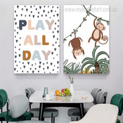 Play All Day Typography Botanical 2 Panel Wall Set Painting Picture Kids Nursery Canvas Print for Bed Room Ornamentation Ideas