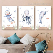 Narwhal Fish Human Landscape Animal Photograph 3 Piece Watercolor Set Kids Nursery Canvas Print for Room Wall Art Assortment