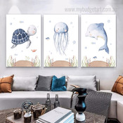 Animated Jelly Fish Turtle Nursery Animal 3 Multi Panel Watercolor Painting Set Photograph Canvas Print for Room Wall Drape