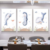 Animated Sea Horse Animal 3 Multi Panel Watercolor Painting Set Photograph Nursery Canvas Print for Room Wall Decoration