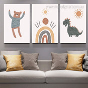 Animated Dinosaur Rainbow Animal 3 Multi Panel Artwork Set Photograph Kids Nursery Scandinavian Canvas Print for Room Wall Disposition