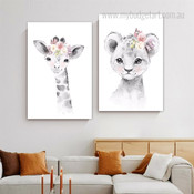 Leopard Kid Cub Watercolor 2 Multi Piece Wall Art Set Animal Photograph Kids Nursery Canvas Print for Room Ornament