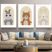 Animated Hippopotamus Rabbit Scandinavian Nursery Pattern Painting Sets Picture 3 Piece Animal Canvas Print for Room Wall Decor