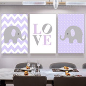 Cute Elephant Love Typography 3 Multi Panel Animal Painting Set Photograph Nursery Canvas Print for Room Wall Decoration