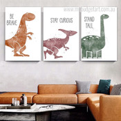 Cute Dinosaur Cartoon Animal Typography Photograph 3 Panel Canvas Print Artwork Set for Room Wall Getup