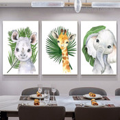 Rhinoceros Baby Calf Botanical Nursery Pattern Painting Sets Picture 3 Piece Animal Canvas Print for Room Wall Decor