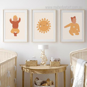 Playing Baby Figure Abstract 3 Multi Panel Minimalist Painting Set Photograph Nursery Canvas Print for Room Wall Getup